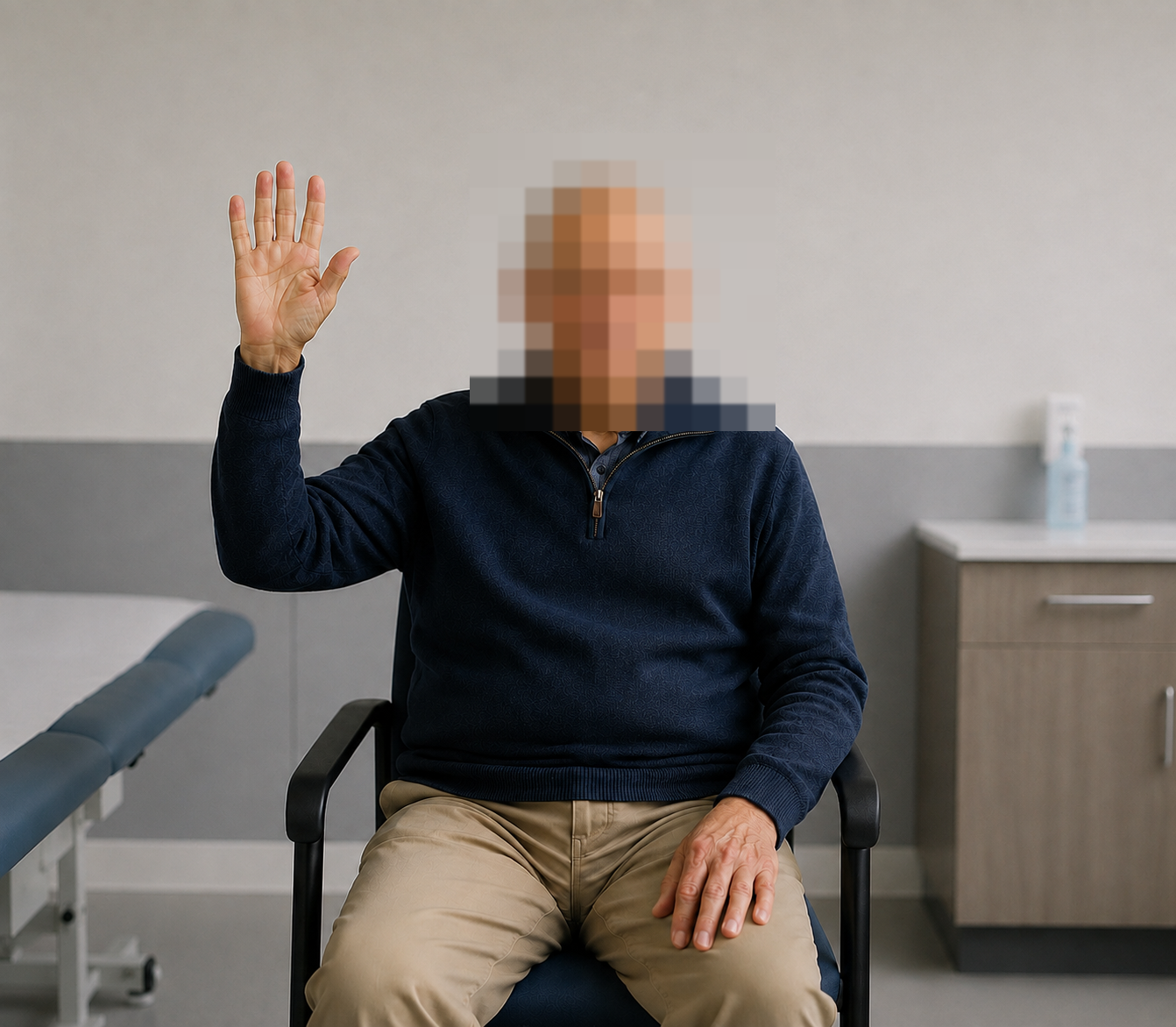 Kelvin Cloud assessment review showing the same patient with DBS stimulation on and raising their right hand during the recorded task, alongside clinical scores and treatment information.